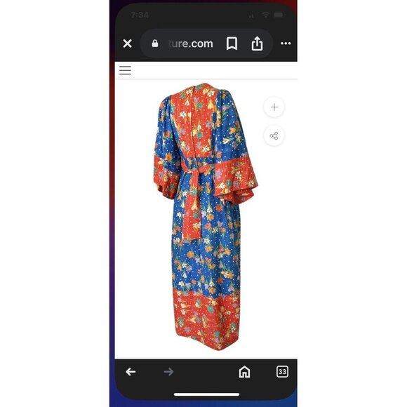 1960s Young Innocents by Arpeja Red & Blue Cotton Floral Print Caftan Dress Sz S - Picture 2 of 12